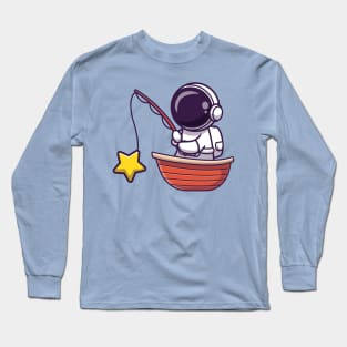 Astronaut Fishing Star On Boat Cartoon Long Sleeve T-Shirt